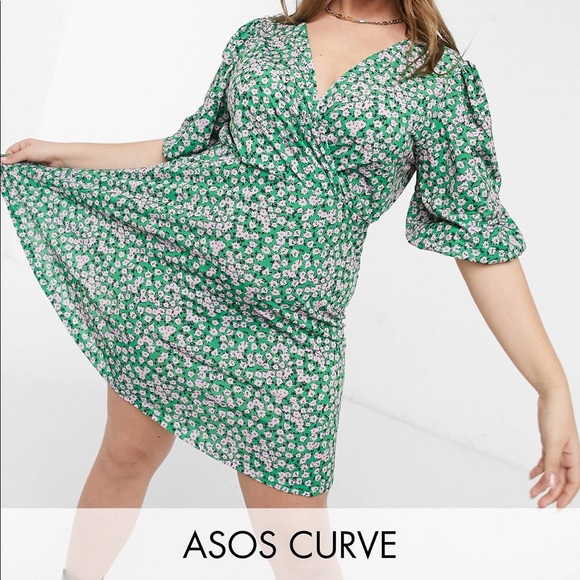 ASOS Curve Dresses & Skirts - New ASOS Design Curve Mini Tea Dress w/Twist Front in Green Floral Print Sz-14.